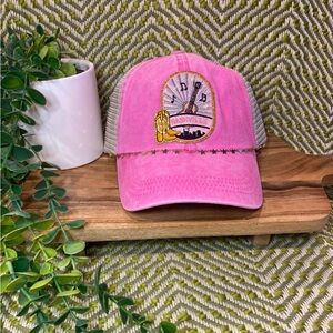 Pink and Tan Trucker Hat with Embroidered Patch